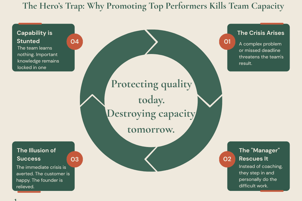 A circular flowchart infographic by Talentos titled "The Hero's Trap: Why Promoting Top Performers Kills Team Capacity." It illustrates a four-step vicious cycle: 1. The Crisis Arises. 2. The "Manager" Rescues It by doing the work personally. 3. The Illusion of Success (the immediate crisis is averted). 4. Capability is Stunted because the team learns nothing. The cycle repeats. In the center, text reads: "Protecting quality today. Destroying capacity tomorrow."